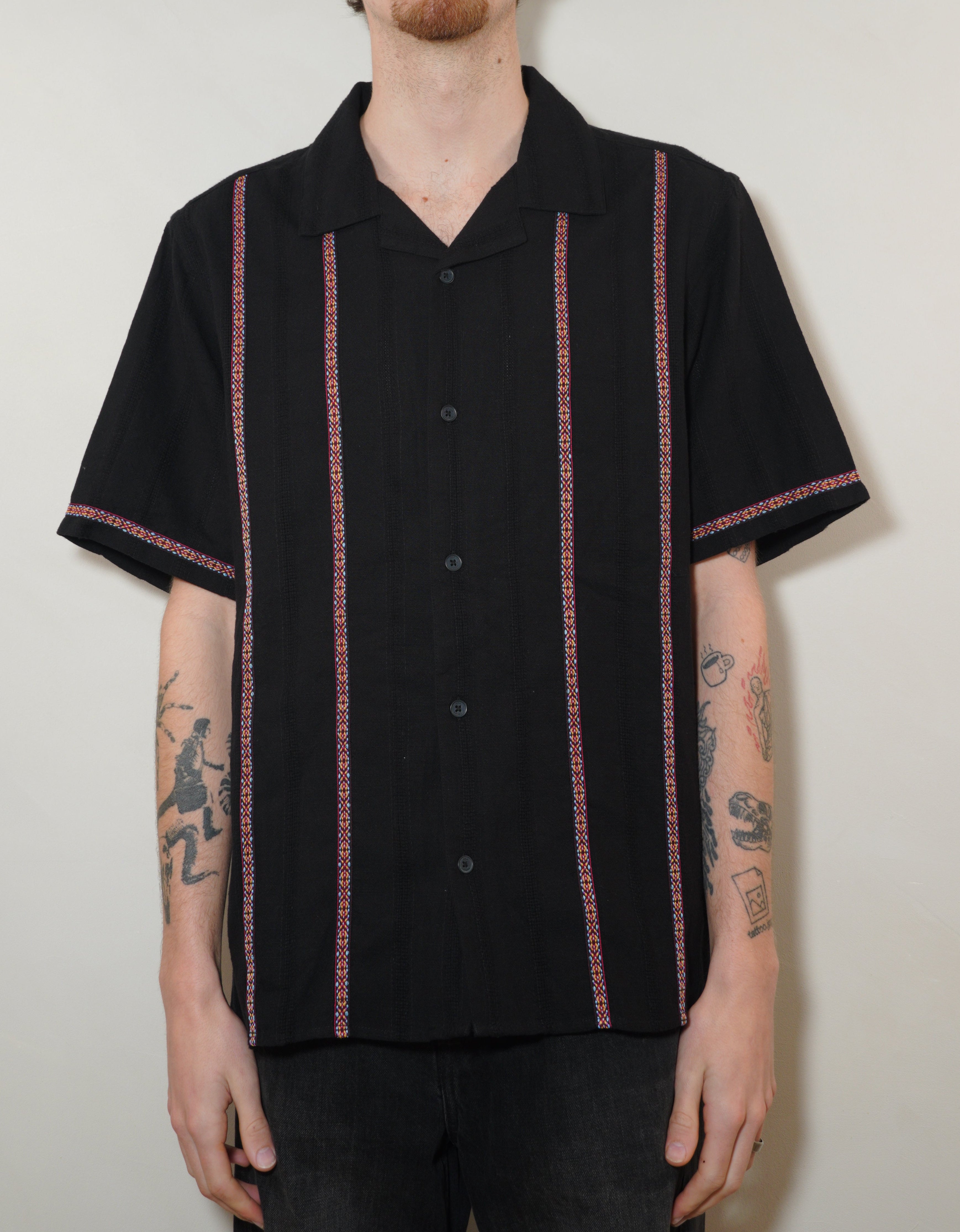 Wax London Mens Embroidered Stripe Short Sleeve Shirt - Black
