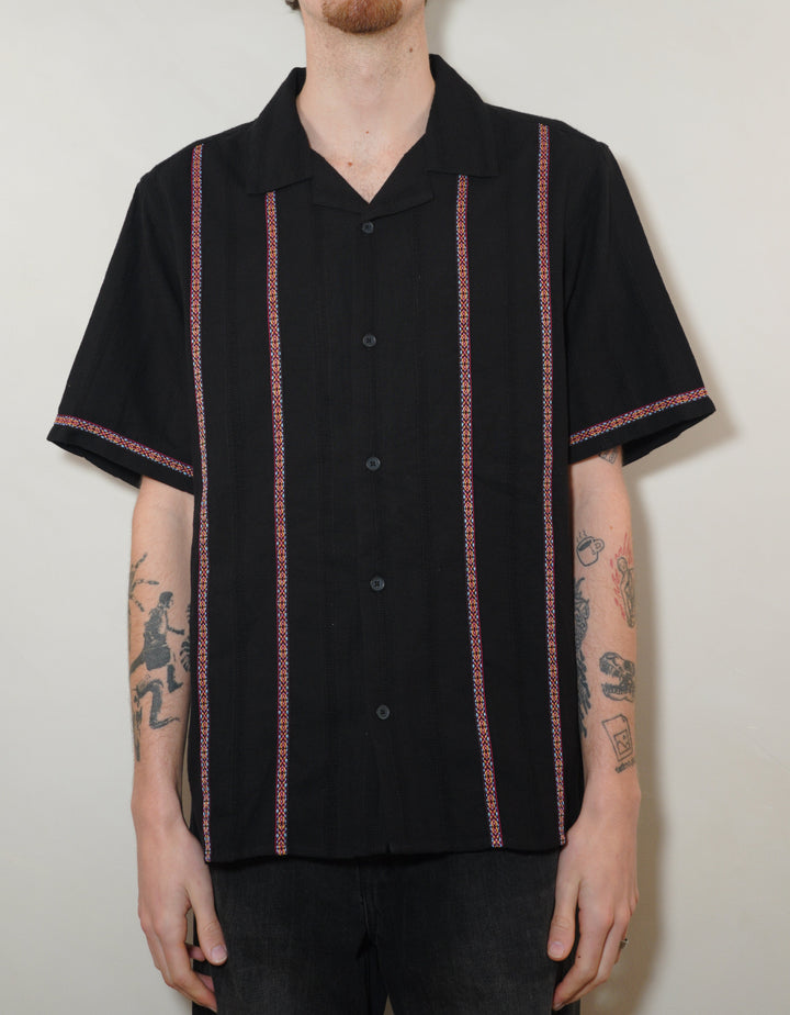 Wax London Mens Embroidered Stripe Short Sleeve Shirt - Black