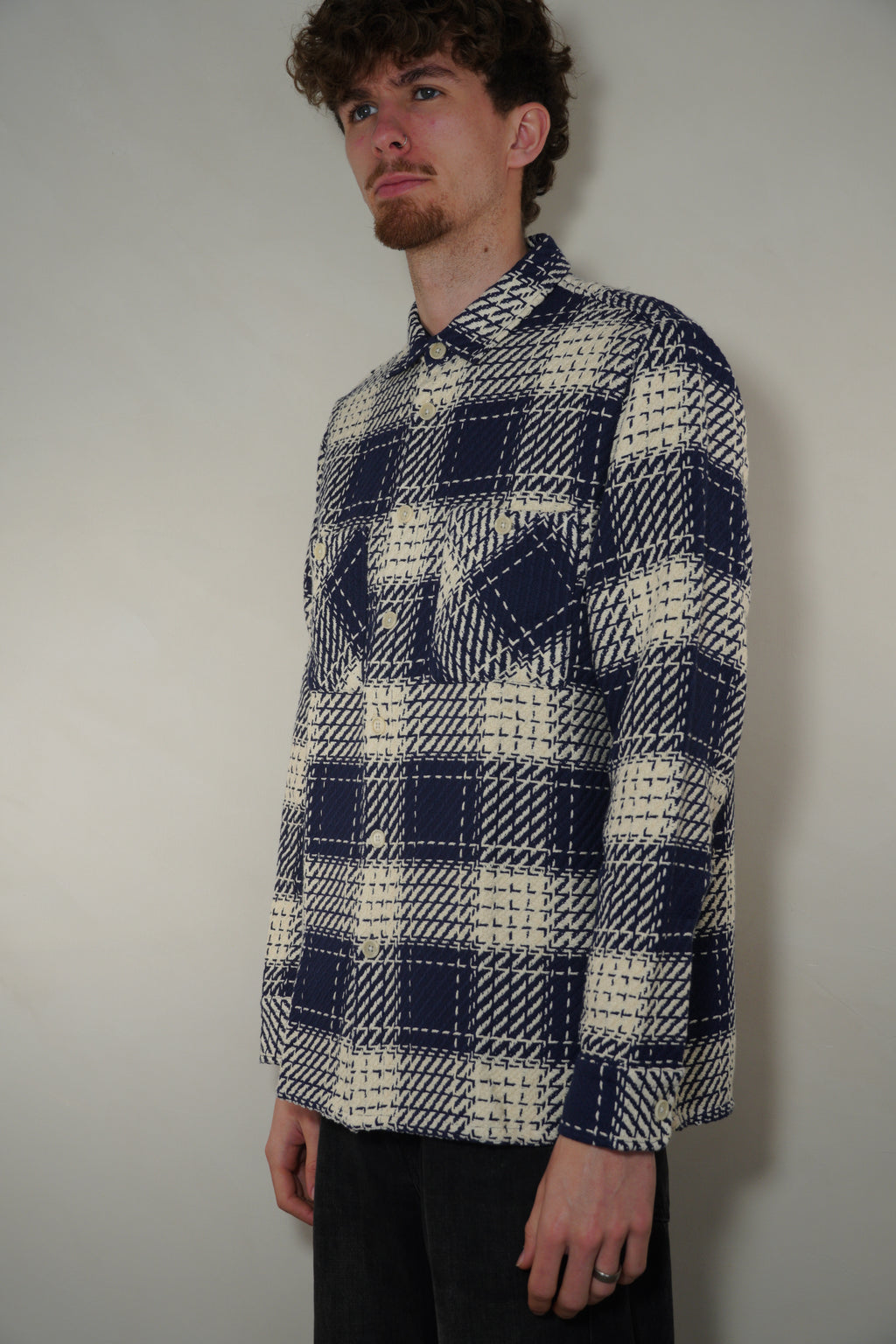 Wax London Whiting Overshirt Beatnik Check - Navy Marine