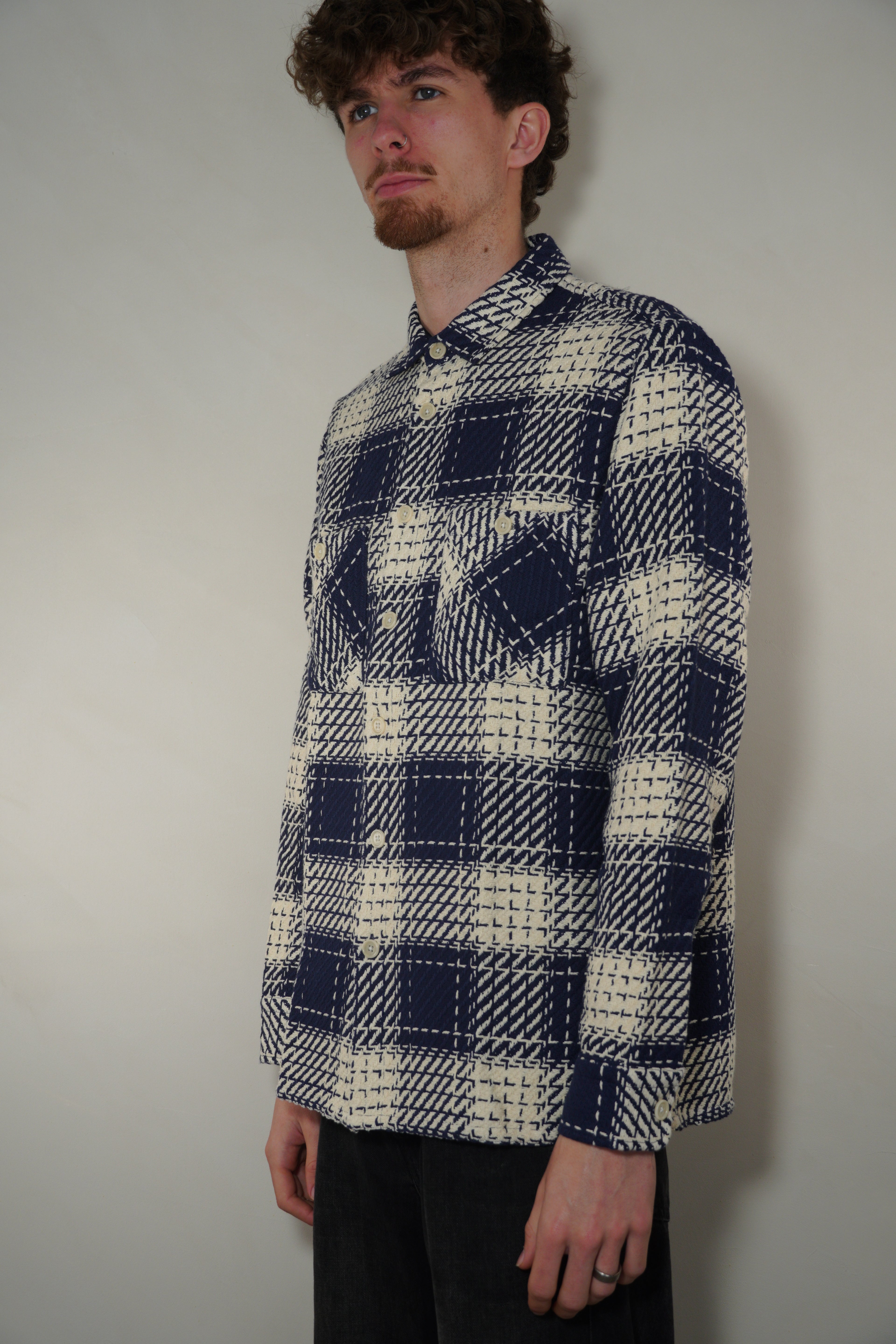 Wax London Whiting Overshirt Beatnik Check - Navy Marine