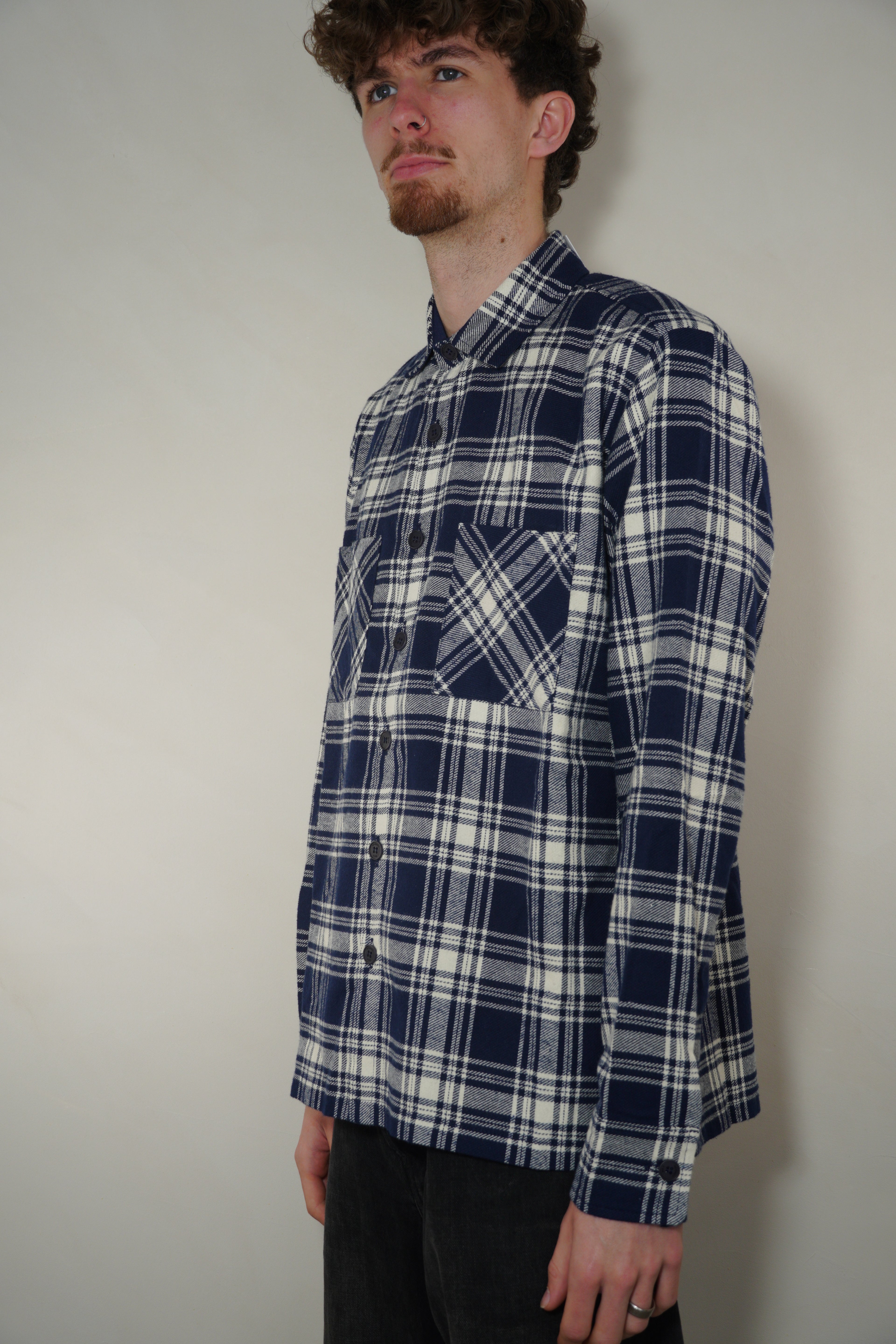 Wax London Mens Overshirt Navy Blue Check