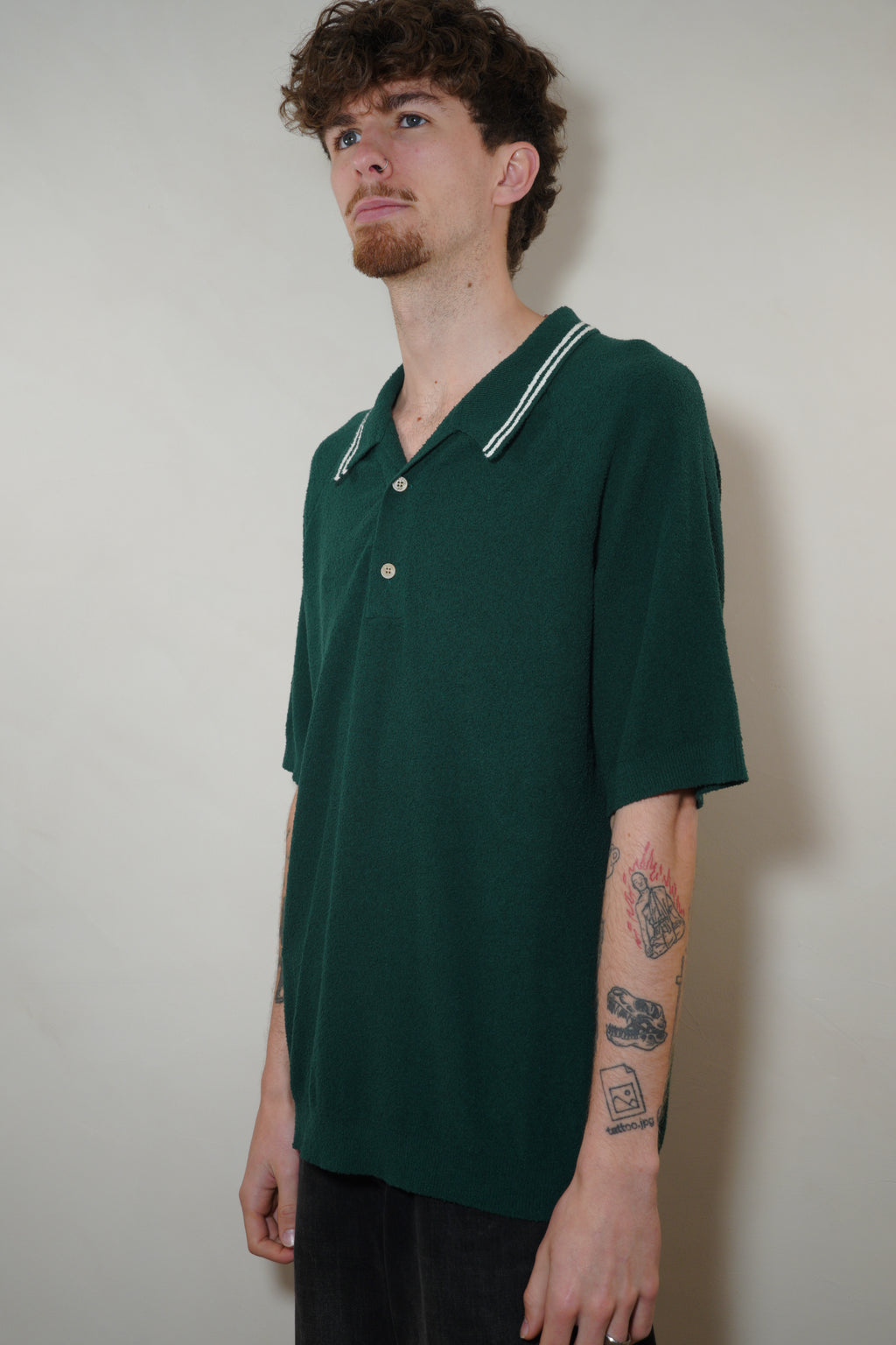 Wax London Albion Boucle Cotton Polo - Forest Green