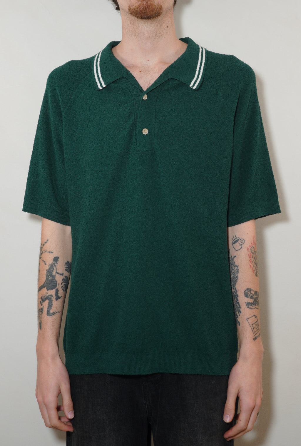 Wax London Albion Boucle Cotton Polo - Forest Green