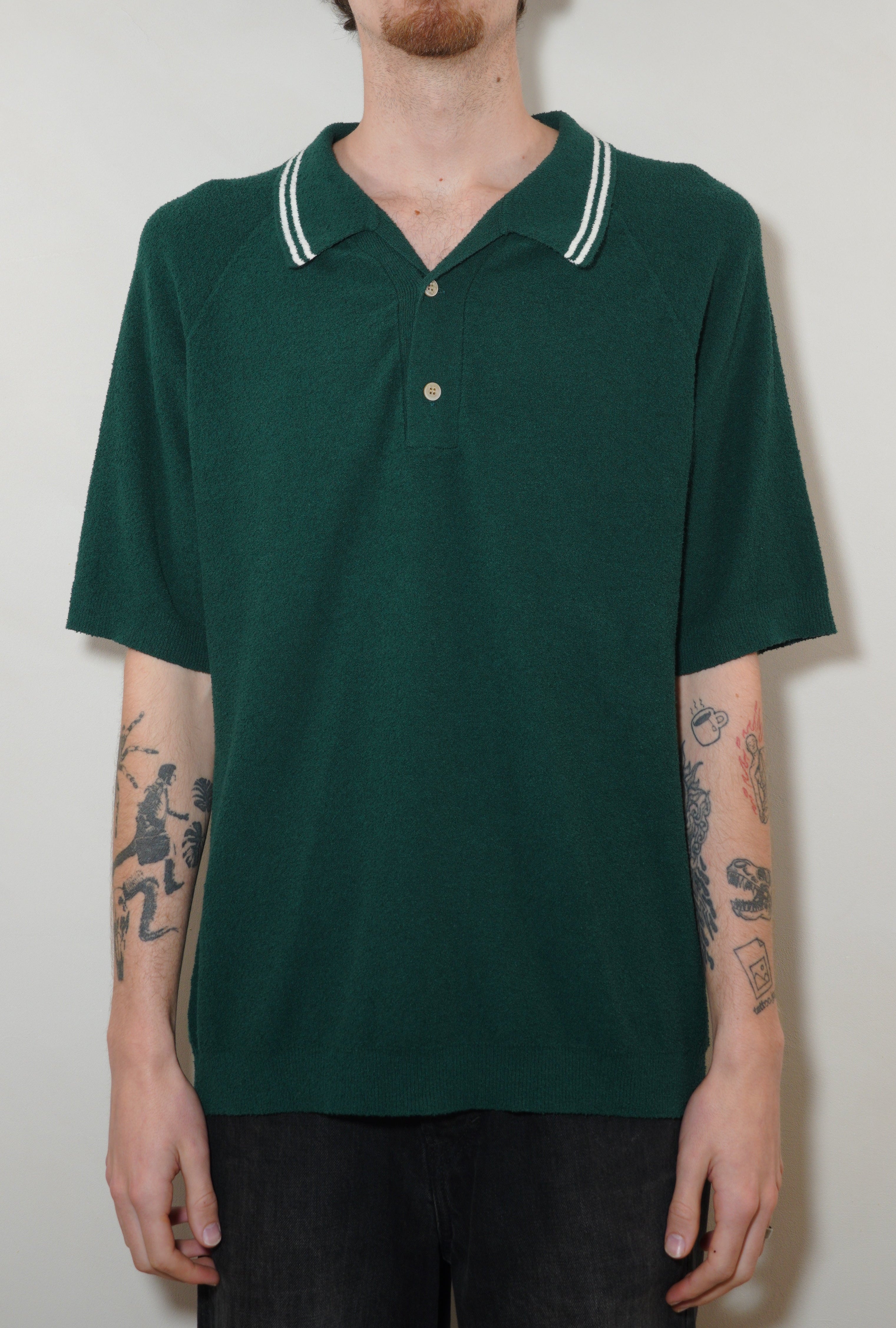 Wax London Albion Boucle Cotton Polo - Forest Green